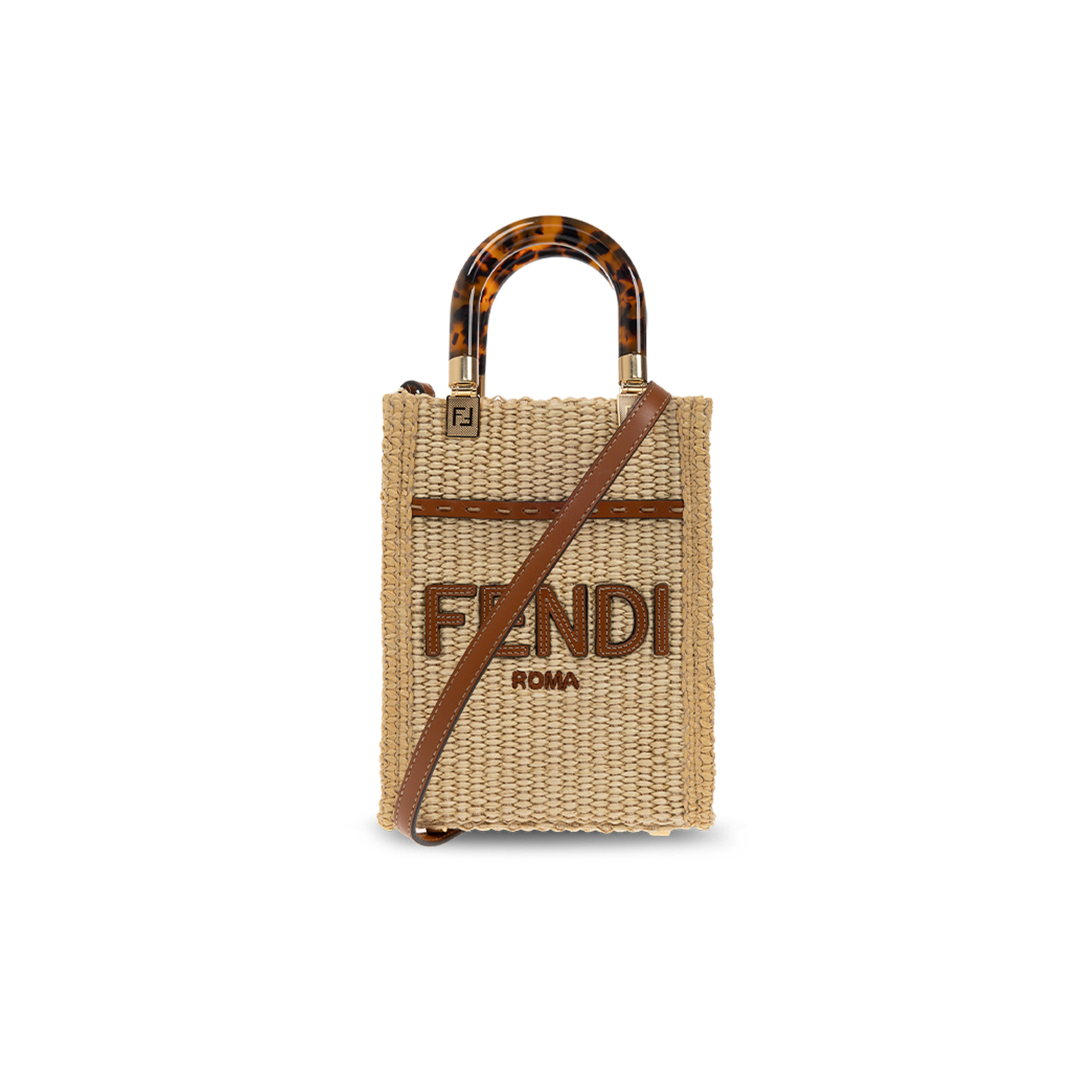 FENDI SUNSHINE MINI STRAW & LEATHER TOTE (18*13.5*5.5cm) 